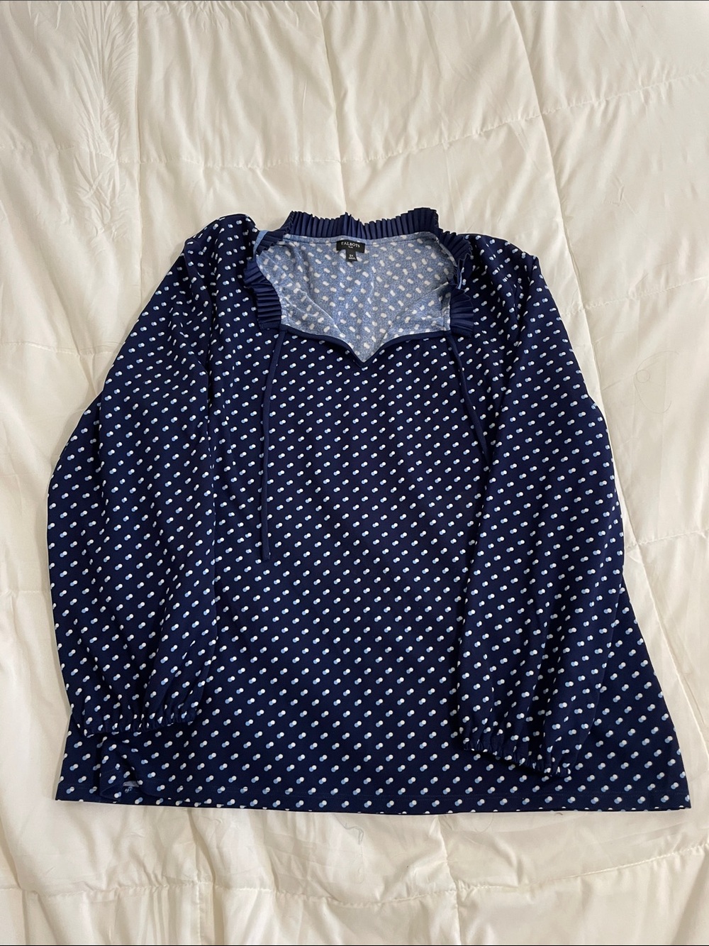 Talbots Navy Polka Dot Ruffle-Neck Blouse -
